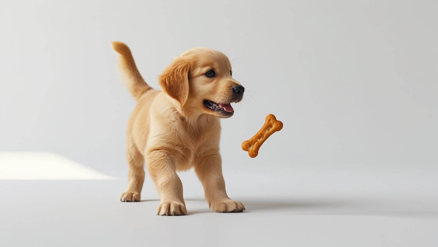 Playful golden retriever puppy holding a chew bone, showcasing fun pet training options.
