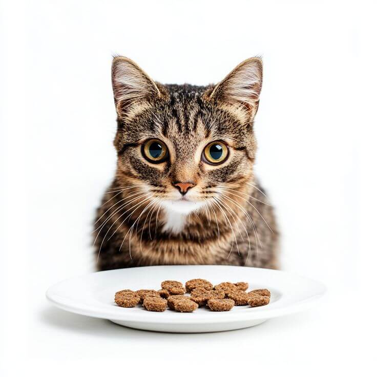 Cat looking curiously at dry cat food on a plate, highlighting mealtime excitement with Axora's feeding solutions.
