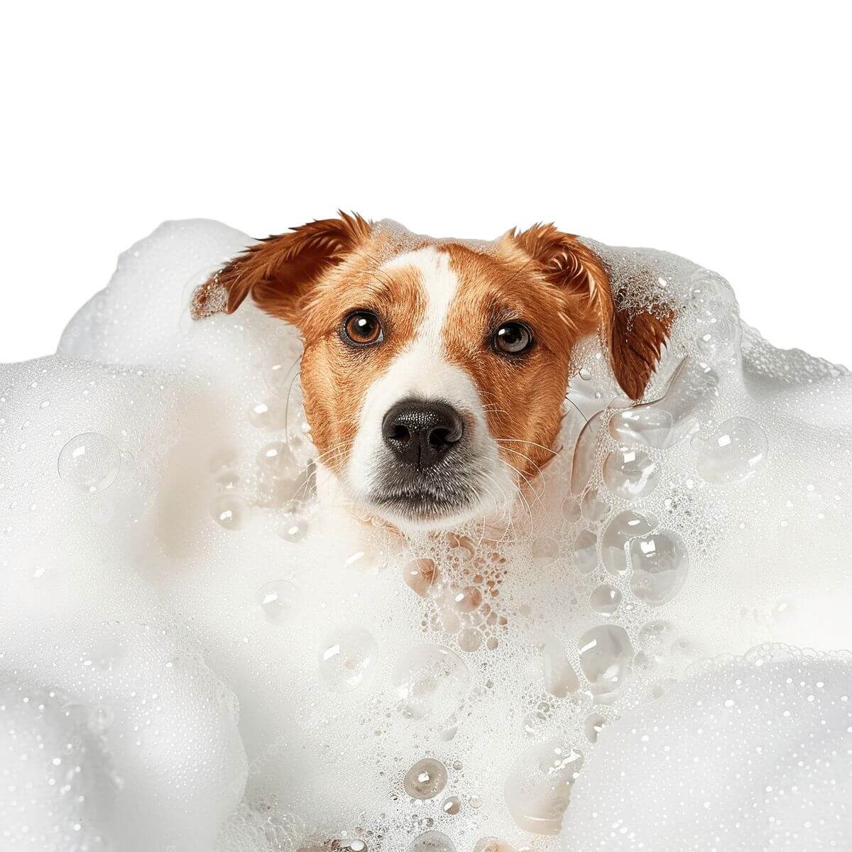 Playful dog peeking through bubbles in a bath, showcasing pet grooming products.