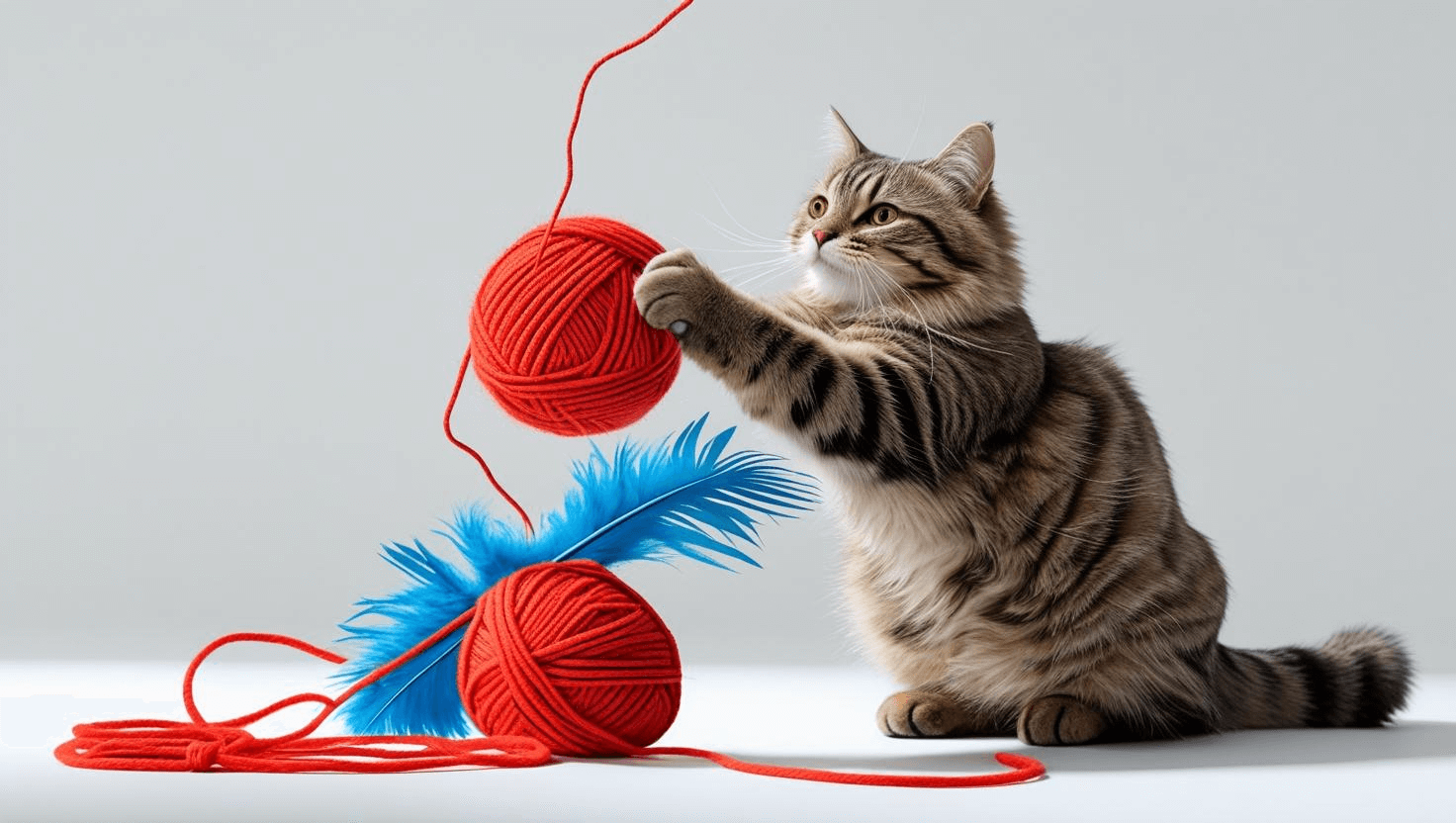 Playful cat interacting with red yarn balls and a feather toy, showcasing fun playtime activities.