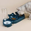 Gray cat using a 3-in-1 pet bowl set with a water feeder designed for neck protection and ergonomic eating.