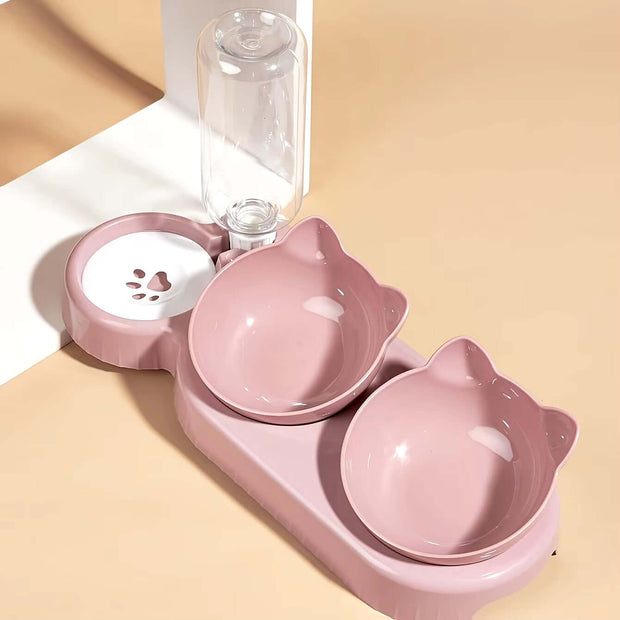 Pet Bowls with Water Feeder, 3 in 1 Ear Design Tilted Cat Water and Food Bowl Set with Gravity Water Bottle for Neck Protection