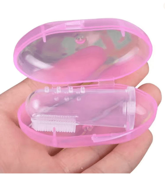 Super Soft Pet Finger Toothbrush in a pink case for easy storage and hygiene, designed for dogs and cats.