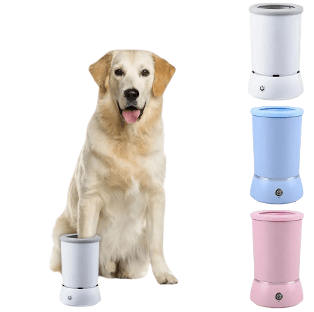 Golden retriever next to the Revolutionary Automatic Pet Paw Cleaner in blue, pink, and white colors.
