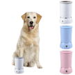 Golden retriever next to the Revolutionary Automatic Pet Paw Cleaner in blue, pink, and white colors.
